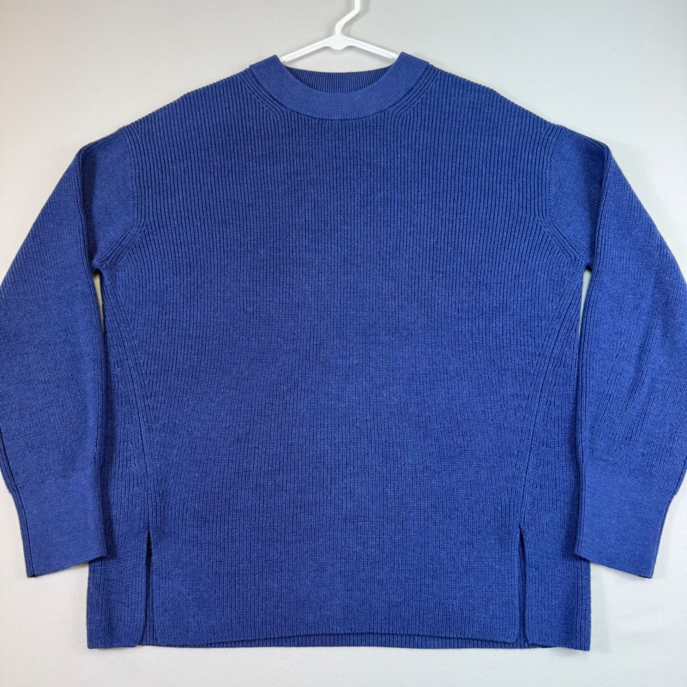 Lululemon Merino Wool Blend Sweater Womens 6 Blue Ribbed Crew Neck Side Slit EUC